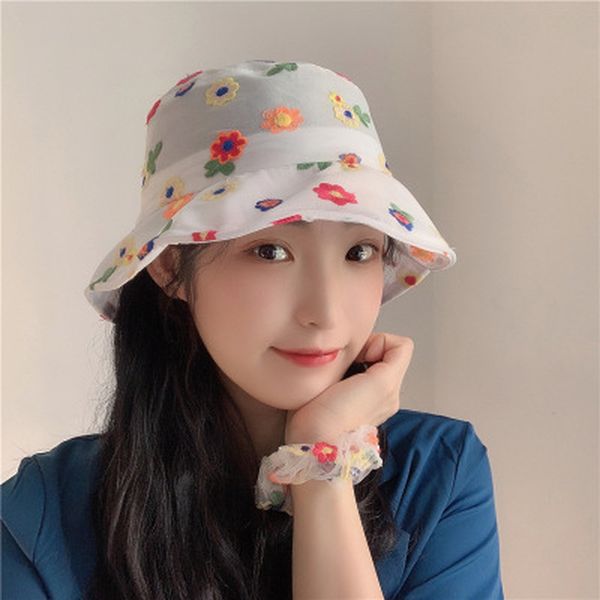 

korean style flower lace mesh bucket hats fashion ladies breathable fedora visor caps spring summer flat bucket hat parent-child, Blue;gray