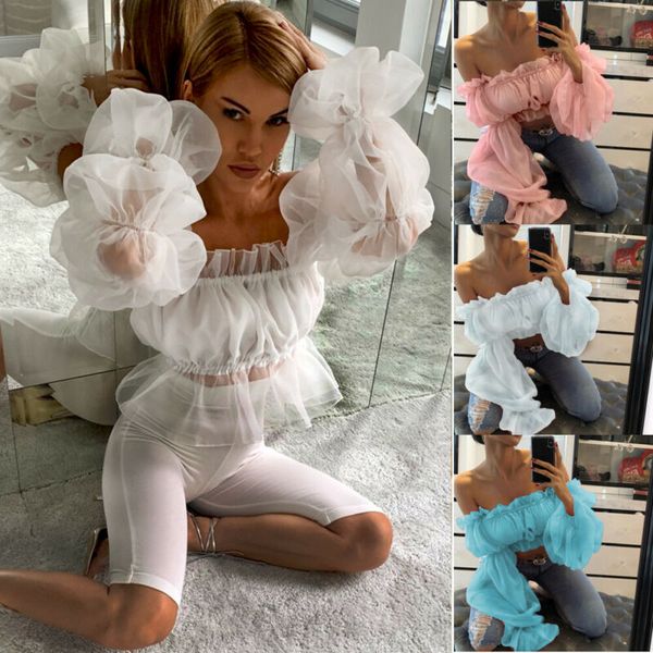 

women's blouses & shirts holiday women cropped sheer mesh casual puff sleeve white short party blouse