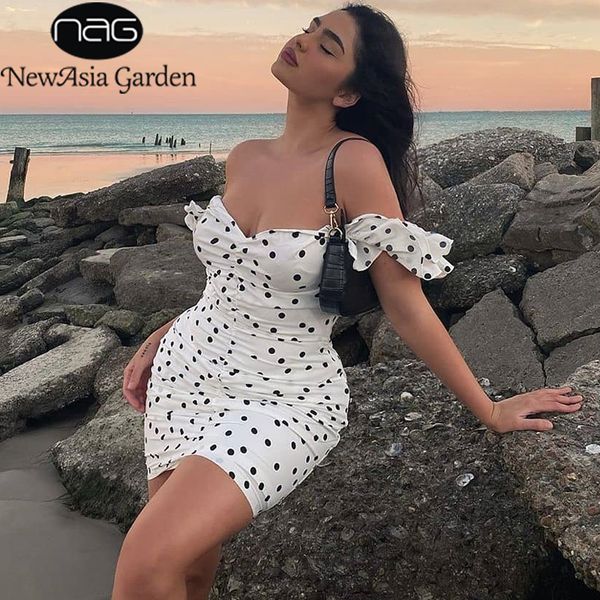 

newasia ruffles polka dot vintage dress women off the shoulder boho elegant party dress backless summer dresses vestidos, Black;gray