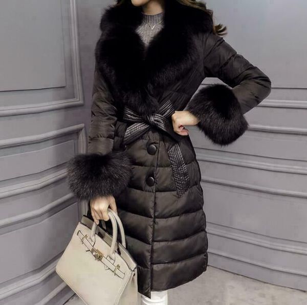 

women's down jacket with large fur collar and belt coat thickened and casual ace-0051, Tan;black