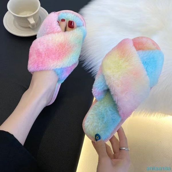 

women house slippers faux fur fashion warm shoes woman slip on flats female slides mixture color cozy home furry slippers, Black