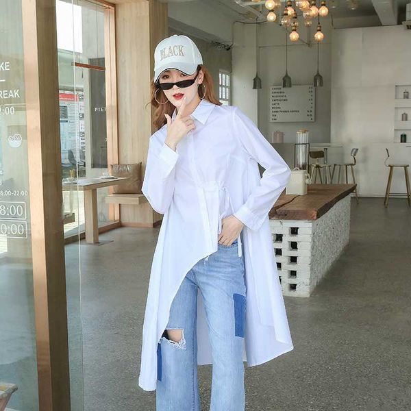 

europe autumn new irregular women blouses and fashion cotton casual wild long sleeve solid color women shirt, White