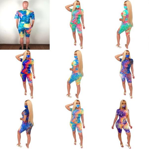 

tie dye t shirt biker shorts outfits sets streetwear jogging clothing woman summer clothes with face mask 2 two piece tracksuits hcejx, Gray
