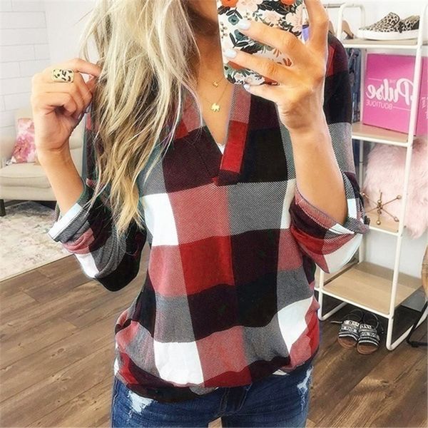 

new shirt autumn casual plaid printed v-neck long sleeve new shirt autumn casual plaid printed v-neck long sleeve top, White