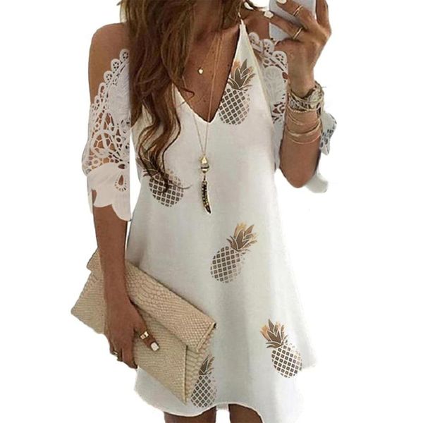 

women v neck pineapple floral print cold shoulder lace a line beach dress mini polka dot dress vestidos, White;black