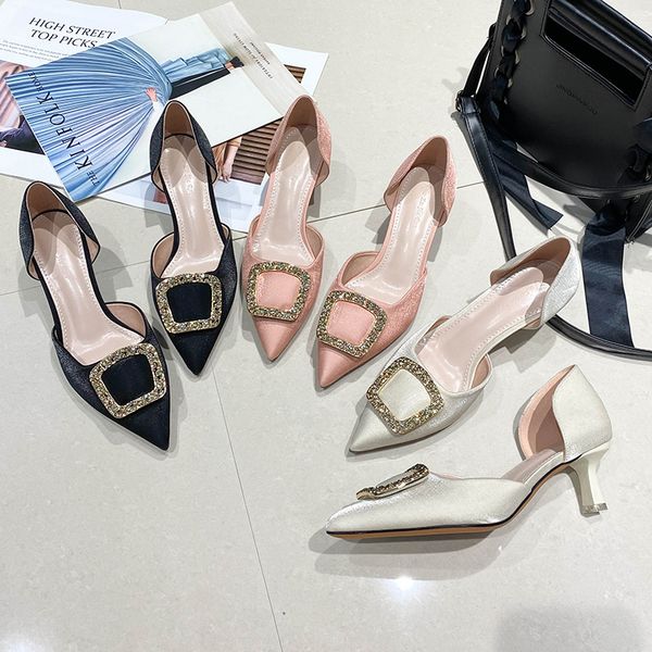 

metal buckle woman shoes pumps silks kitten heels grace female shoes high heels rhinestone daily pointed two piece 3-11 casual, Black