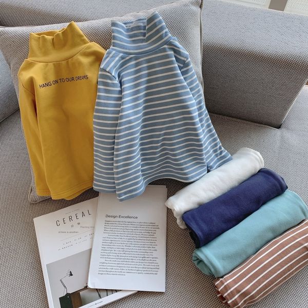 

l mom chen dazhu autumn 2020 warm t- shirt new children's striped high collar long sleeve base shirt thin velvet warm t-shirt, Blue