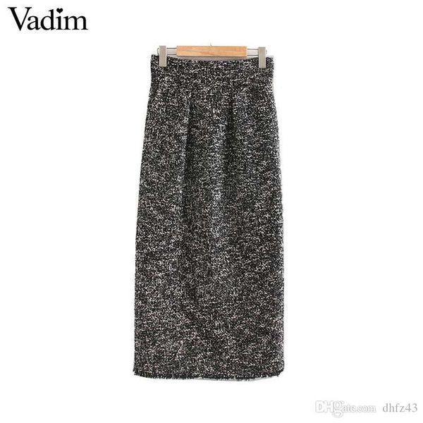 

hj women elegant tweed midi dress back split pockets european style office wear basic cozy female casual skirts, Black