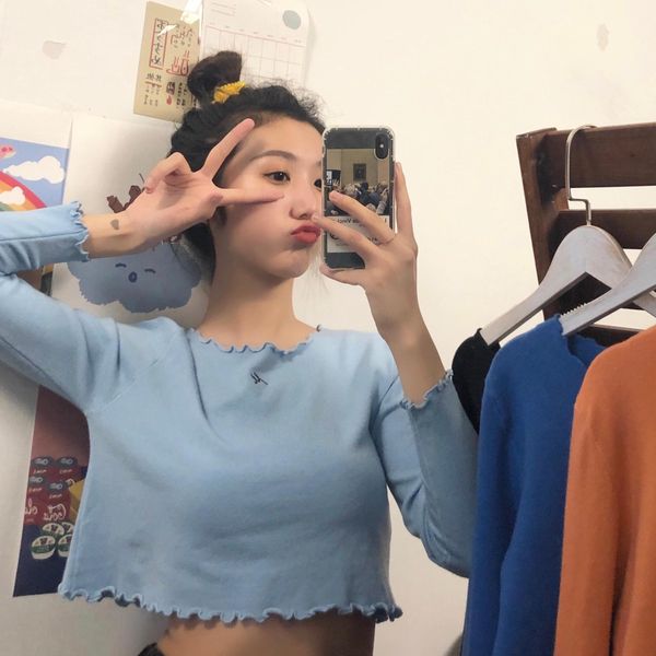 

2019 autumn new t-shirt sweater loose long sleeve short navel t-shirt female student sweater female, White