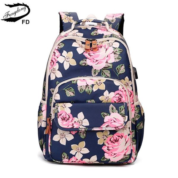 

fengdong korean style women floral backpack flowers school bags for girls kids vintage printing school backpack children bookbag t200709