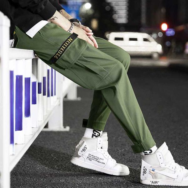 

army green cargo pant for men's fashion multi-pocket pants casual japan pencil trousers elastic waist homme new 7xl, Black