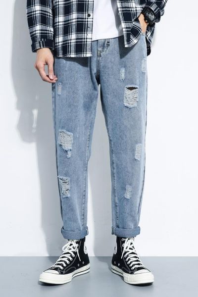 

denim jeans men 2020 new loose ripped hole jeans man autumn tapered pants trend soft cotton streetwear, Blue