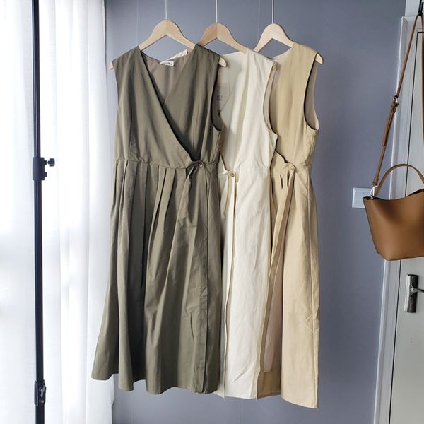 

2020 summer sleeveless khaki dress v-neck cotton midi dress for women summer korean fashion, Black;gray