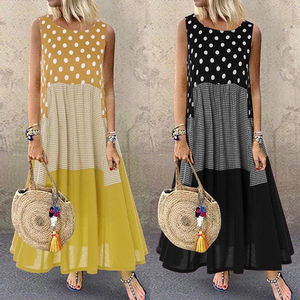 

bohemian printed maxi dress women's ruffle sundress 2020 zanzea casual sleeveless polka dot tank vestidos female patchwork robe, Black;gray
