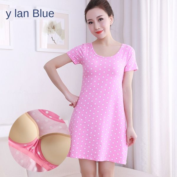 

cotton short-sleeved nightdress bra home pajamas with chest pad pajamas women's printing autumn bra home clothes women's style, Blue;red