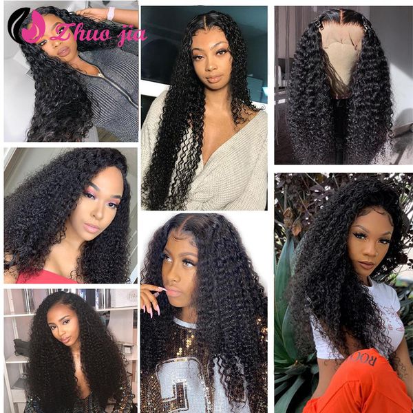

lace front human hair wigs 13*4 brazilian kinky curly human hair wig preplucked with baby hair zhuo jiacurly lace front wig, Black