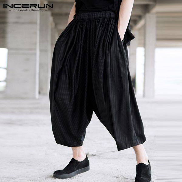 

men striped pants 2020 baggy personality joggers chic wide leg trousers fashion drop crotch pants mens streetwear incerun s-5xl, Black