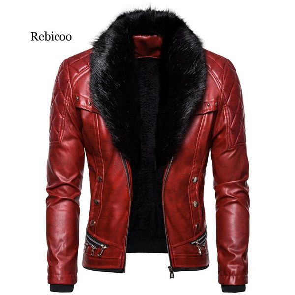 

men's fur & faux rebicoo punk leather jacket men thick rivet design motorcycle biker male collar windproof coat, Black
