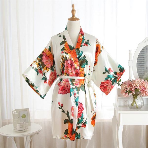 

women's sleepwear ladies dressing gown summer satin peony printed thin loose nightgown short cardigan bath robe, Black;red