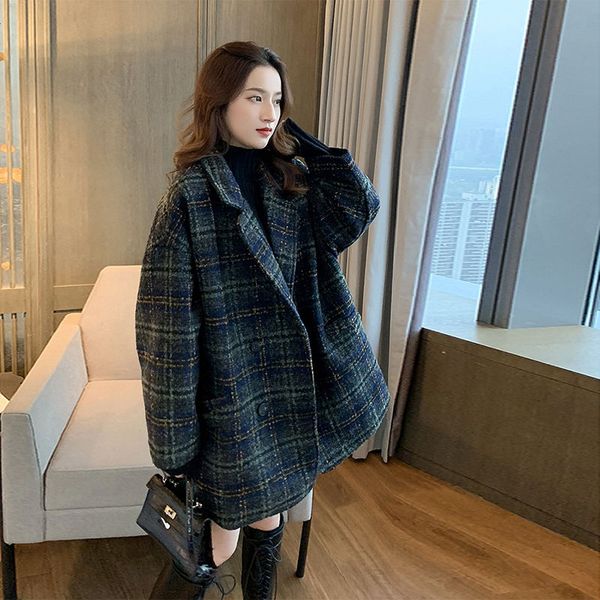 

harajuku woolen plaid jacket cashmere lady korean version of the school long section ladies coat winter loose warm jackets, Black
