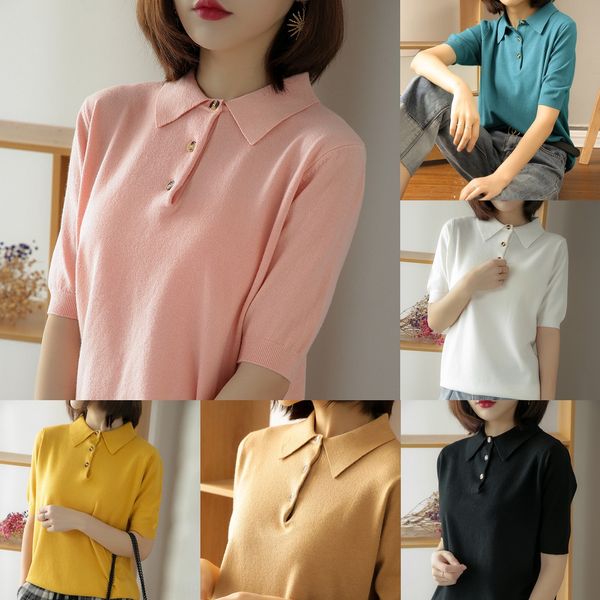 

2020 lapel polo t- shirt women's short-sleeved shirt simple spring and summer new cored yarn knitted t-shirt, White