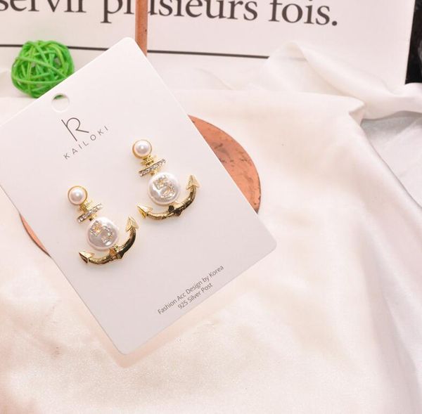 

fashion-s925 silver pin retro sense irregular irregular pearl diamond anchor shape earrings atmospheric digital rhinestone earrings, Gray