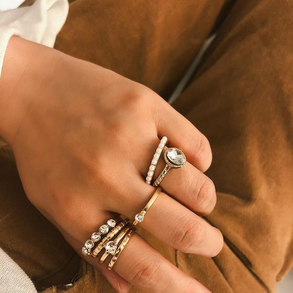 

cross-border ornaments in europe and america she's a geometric girl zircon pearl micro-inlaid simple ring suit, Golden;silver