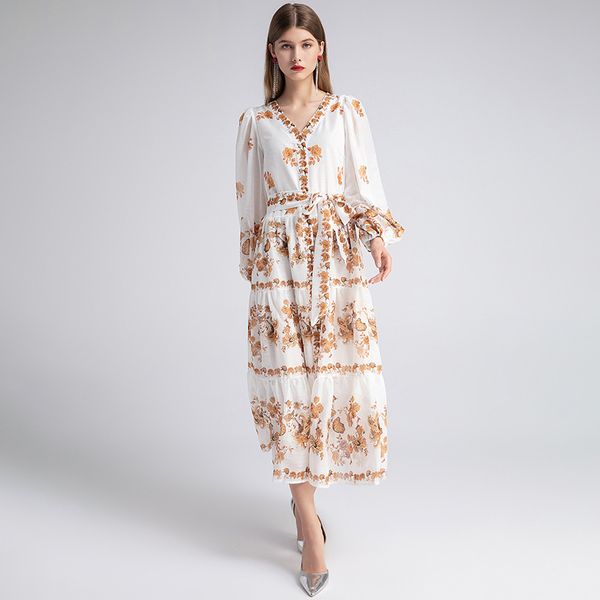 

716 xl 2020 summer brand same style empire v neck flora print panelled long sleeve prom dress polyester yimi, White;black