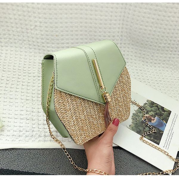 

new fashion hexagon mulit style straw+leather handbag women summer rattan bag handmade woven beach circle bohemia shoulder bag