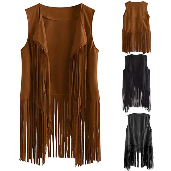 

women's jackets fringe sleeveless jacket women leather suede tassels vintage cowgirl coat cardigan chaqueta mujer, Black;brown