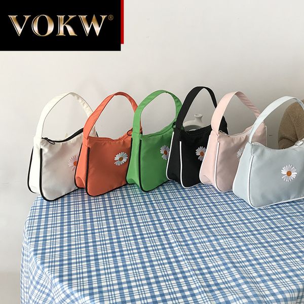 

2020 spring women small handbag daisy embroidery tote ladies' vintage underarm bag zipper half moon bags waterproof cloth purse