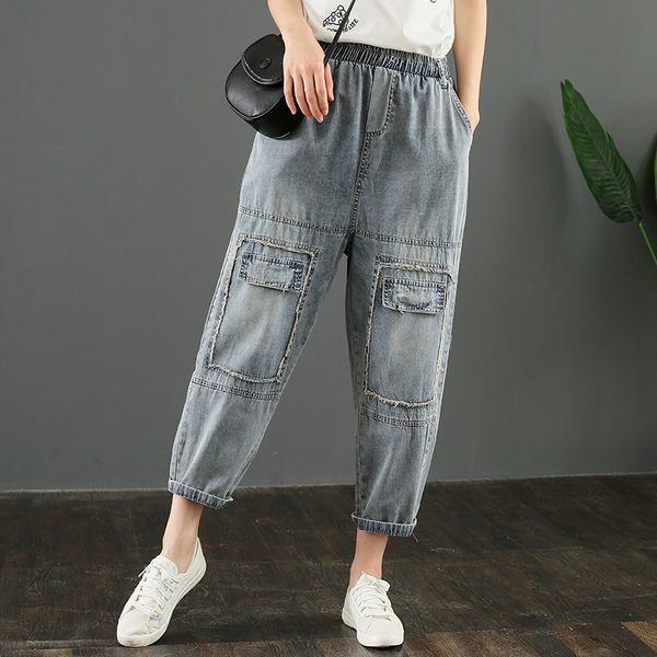 

women jeans elastic waist 2020 autumn summer large size women casual pockets vintage baggy pants denim capri harem pants, Blue