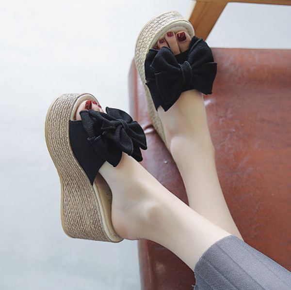 

slippers female summer net red sandals 2020 fashion butterfly-knot wear thick bottom 8.5cm wild word ladies slides woman shoes, Black