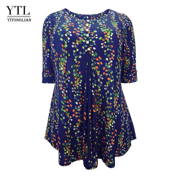 

ytl плюс размер летний топы для женщин цветочные печати половина рукава повседневная блузы женщина vintage кнопки сыпучие мундир рубашка h10, White