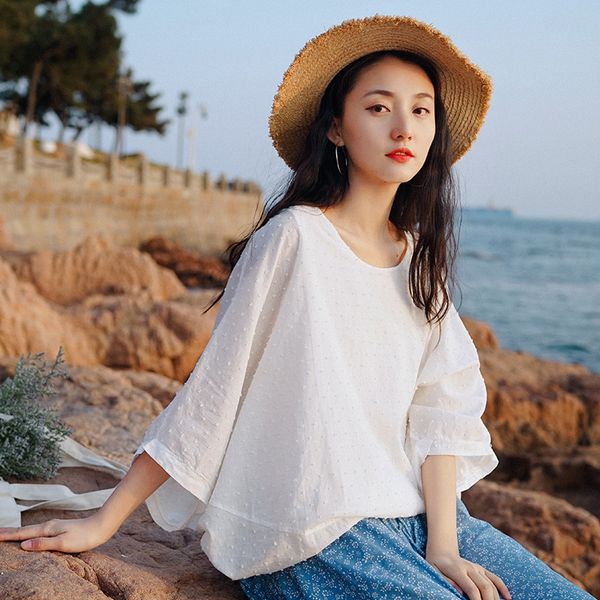 

johnature women bat sleeve plus size t-shirts solid color summer o-neck loose female vintage clothing soft t-shirts, White
