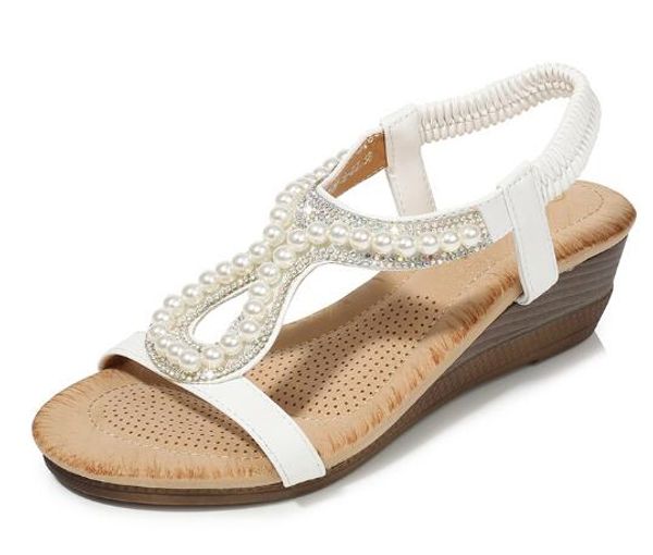 

2020 summer new style beaded rhinestone jewelry wedge sandals women fashion simple casual wild ethnic style heel shoes 35-42 cs02, Black