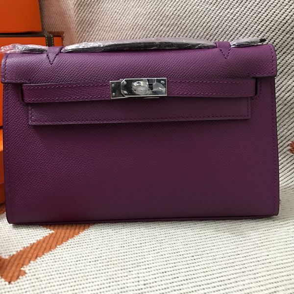 

whosale handmade 22cm epsom leather purple design purse,wax thread, have both gold and silver hardware, many colors,fast dlivery