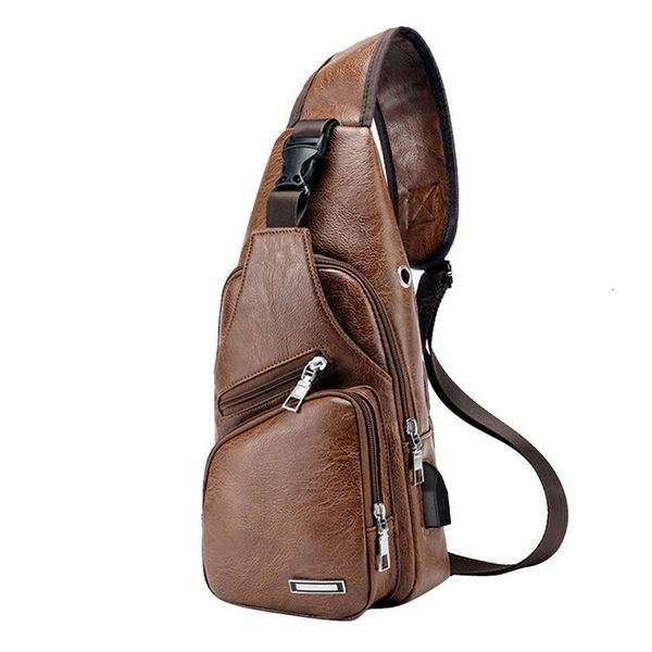 

litthing chest bag men leather chest usb backbag with headphone hole travel organizer male waist bagpu leather men shoulder bag