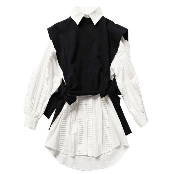 

lanmrem 2020 new spring fashion women clothes round neck sleeves knits vest turn-down collar ruffles single breasted dress we128, White