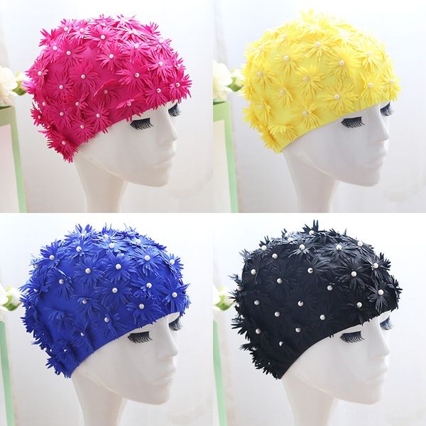 

handmade sewing swimming cap fashionable three-dimensional double petal flower long hair women's spring swimming cloth cap