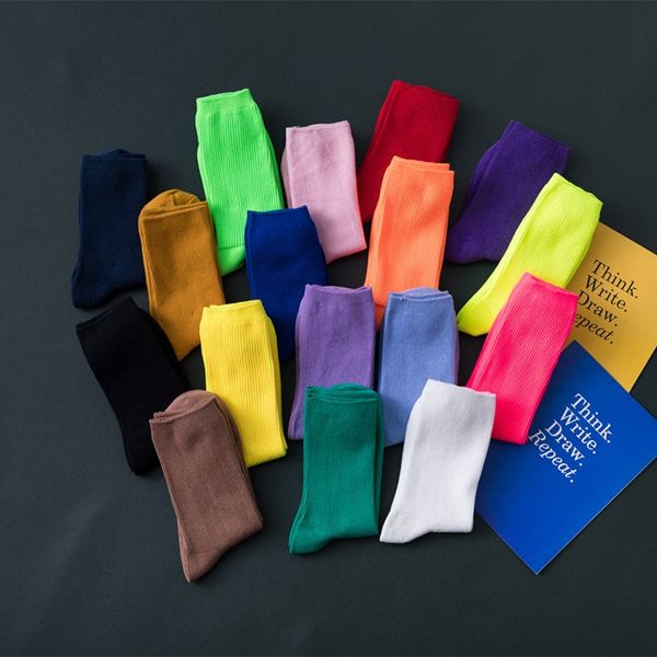 

rsp5y new women's middle tube solid color cotton student fluorescent strip women's candy color stacked medium medium socks candy s, Pink;yellow