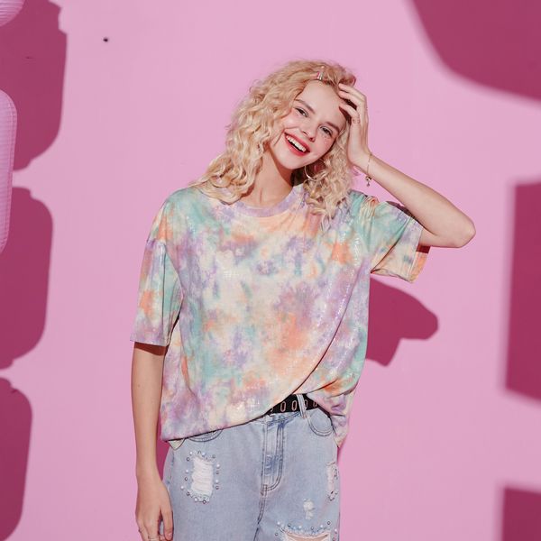 

colorful graphic tie-dye casual harajuku t-shirts women 2020 summer short sleeve korean ladies daily fashion, White