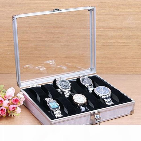 

grid slots watch box convenient light watch winder jewelry wrist watches case holder display storage box aluminium organize, Black;blue