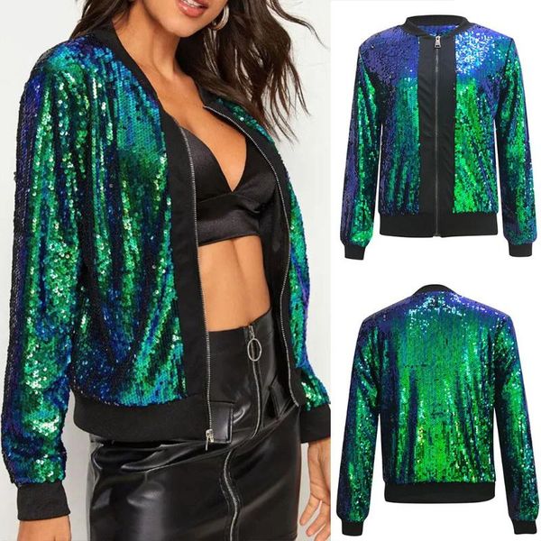 

autumn fashion women sequins coats long sleeve zipper streetwear tunic loose casual cardigan green bomber jackets outwears, Black;brown