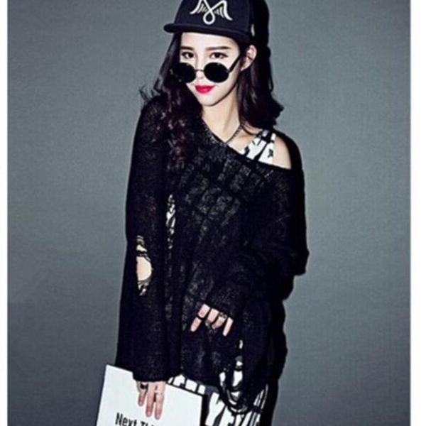 

women loose hole sweater hollow out asymmetric hem loose knitted v neck long sleeve see through sweater, White;black