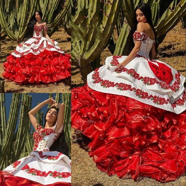

ruffled floral charro quinceanera dresses 2020 off shoulder puffy skirt lace embroidery princess sweet 16 girls masquerade prom dress, Blue;red