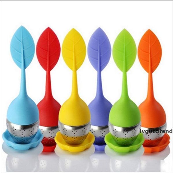 

stainless steel tea spoon infuser strainer filter with green silicone leaf lid ing