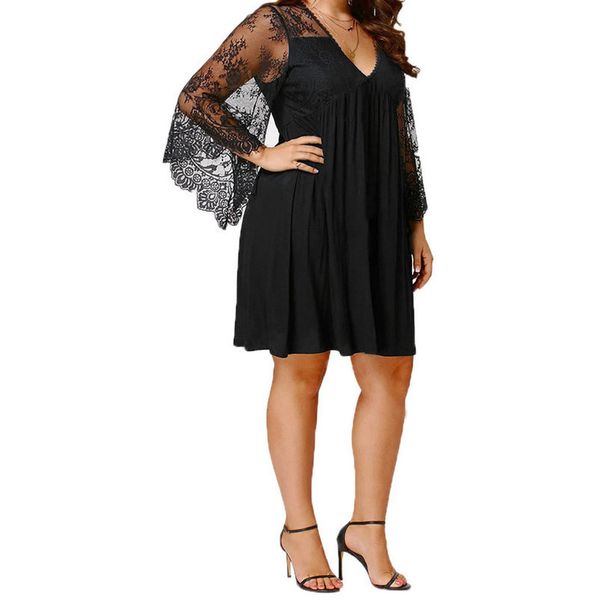 

large dress fashion women casual plus size solid color v neck long sleeved casual dresses lace mini dress large sizes 5xl casual, Black;gray