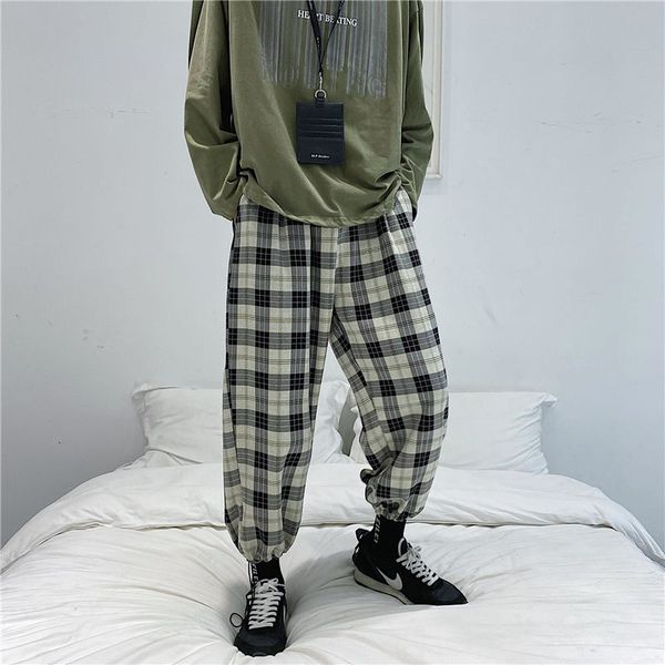 

autumn plaid pants men's fashion hit color retro casual pants men streetwear wild loose hip hop straight trousers mens s-3xl, Black