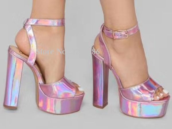 

new shinning pink chunky heel woman platform sandals shoes fashion peep toe buckle strap real ps dress sandals lady heels, Black